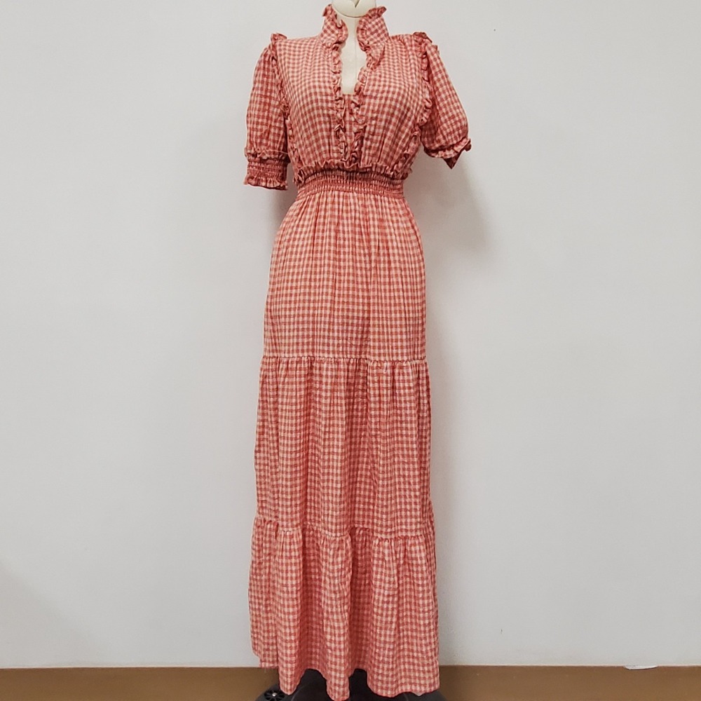 Max Studio Womens Tiered Ruffle Maxi Dress Size XS Red Plaid Fall Retro Picnic